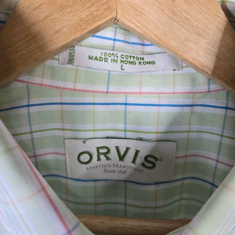 Orvis Mens Short Sleeve‎ Plaid Button Down Shirt Size L Green Pink Blue Check